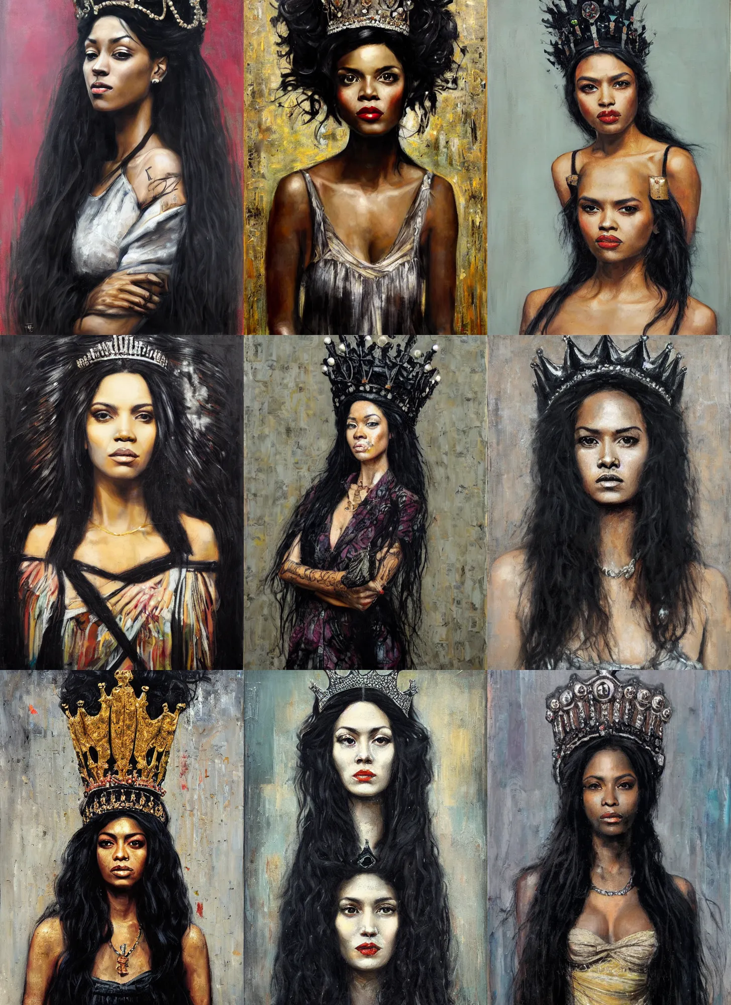 Prompt: A portrait of long black haired women with crown, in style of Tim Okamura