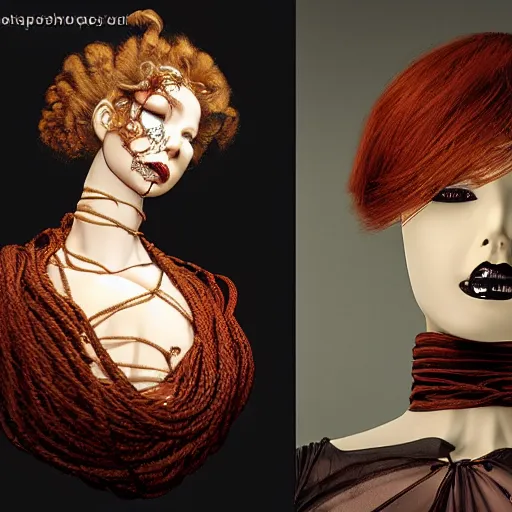 Prompt: portrait of a Shibari rope wrapped face and neck of a store mannequin, headshot, insanely nice professional hair style, dramatic hair color, digital painting, of a old 13th century, traveler, amber jewels, baroque, ornate clothing, scifi, realistic, hyper detailed, chiaroscuro, concept art, art by Franz Hals and Jon Foster and Ayami Kojima and Amano and Karol Bak,