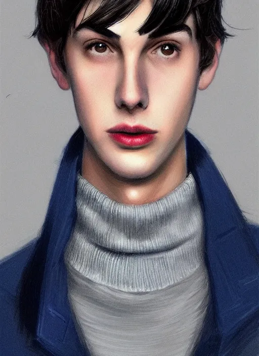 Image similar to portrait of teenage jughead jones wearing a light grey crown, crown, blue turtleneck, 1 9 5 0 s, closed eyes, photorealistic, black hair, glowing lighting, intricate, elegant, glowing lights, highly detailed, digital painting, artstation, concept art, smooth, sharp focus, illustration, art by wlop, mars ravelo and greg rutkowski