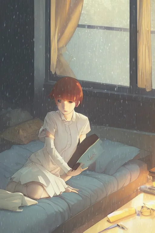 Prompt: a teenage girl with white short hair in a jk uniform outfit in the bedroom reading a book in a night, raining outside the window, grey and orange theme, by krenz cushart and mucha and akihito yoshida and greg rutkowski and makoto shinkai, 4 k resolution