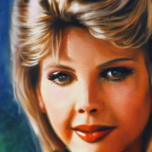 Image similar to closeup portrait of olivia newton john in jacket, movie still grease ( 1 9 7 8 ), evening, highly detailed oil painting, vladimir volegov, artstation