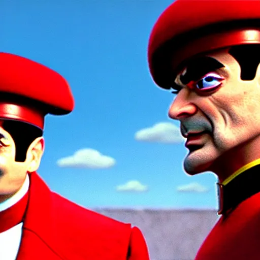 Image similar to mr. bean as m. bison from the streetfighter movie. movie still. cinematic lighting.