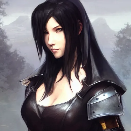 Prompt: tifa lockhart in destiny hunter armor, wearing a hooded cloak, beautiful face!!!!, 2 7 years old, cg animation, realistic, character select portrait, by artgerm, greg rutkowski, alphonse mucha, 3 d