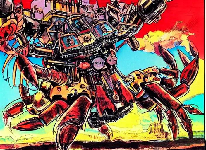 Image similar to comic book cover of a giant mechanical crab at the grand canyon by jack kirby!!! and simon bisley, epic, awesome bright color palette, hard contrast, black ink outlines