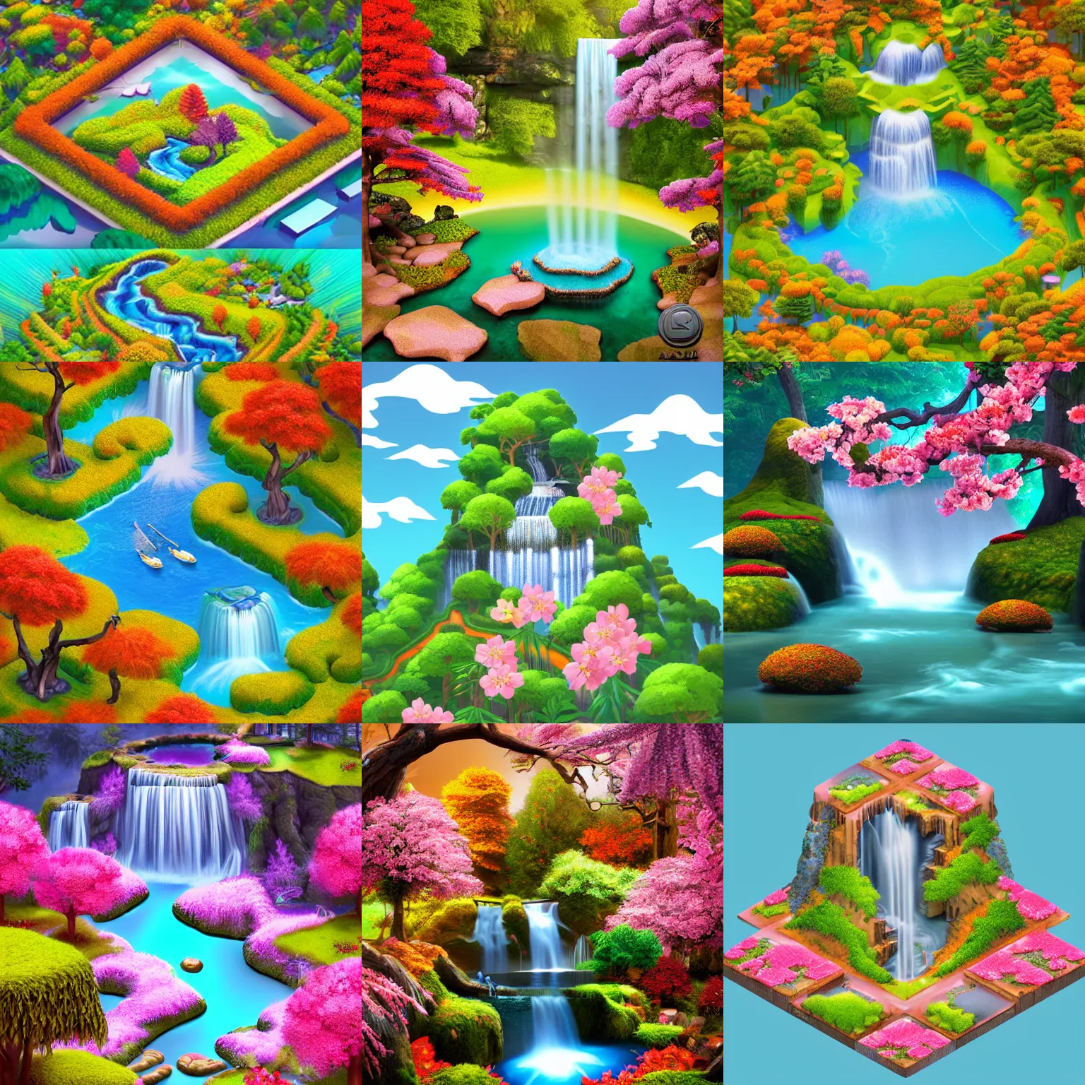 Prompt: isometric webdesign icon for paradise autumn sakura garden with waterfall, 3d render, by Artgerm, tooth wu, dan mumford, beeple, wlop, rossdraws, James Jean, Andrei Riabovitchev, Marc Simonetti, yoshitaka Amano, Artstation