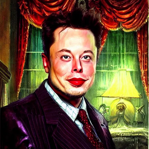 Prompt: realistic portrait beautiful painting from scene of home alone 2 when elon musk mutate into a beets mutant. horror, created by thomas kinkade and michaelangelo,.