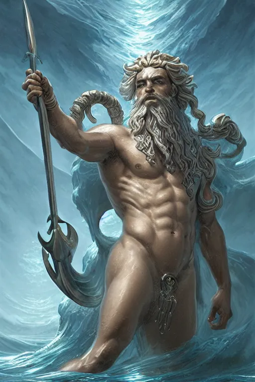 Image similar to poseidon humanoid god of the sea, trident, highly detailed, d & d, fantasy, highly detailed, digital painting, trending on artstation, concept art, sharp focus, illustration, art by artgerm and greg rutkowski and magali villeneuve