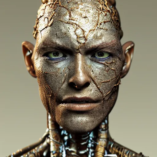 Prompt: photo taken of an epic intricate, ultra detailed, super realistic gritty, wet, lifelike sculpture of an humanoid android creature with bioluminescent patches of skin created by weta workshop, zoomed in shots, subsurface scattering, photorealistic, sharp focus, white wall coloured workshop, cold colour temperature, f 0. 4, face centred, golden ratio,