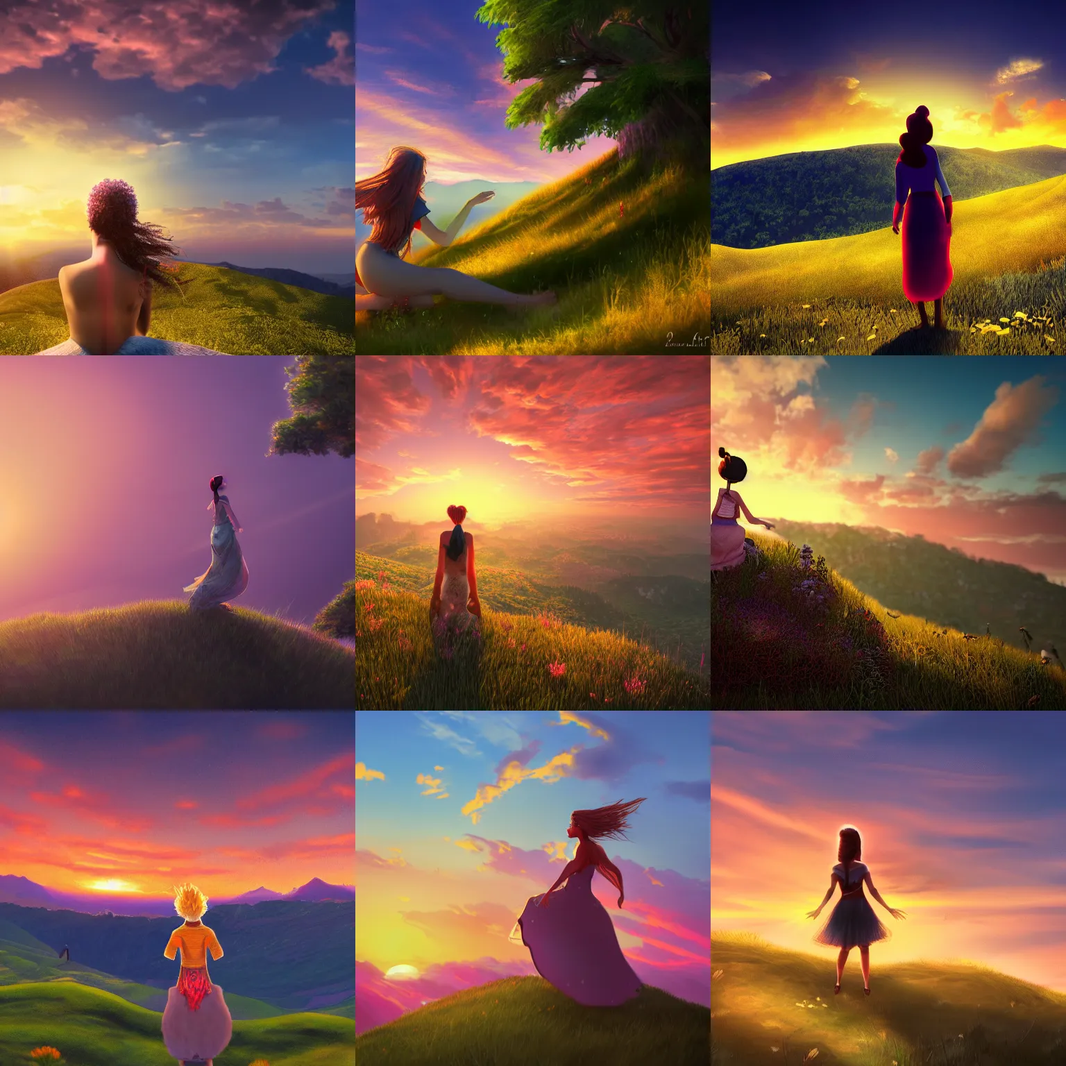 Prompt: a person on a beautiful hill looking towards the sunset, whimsical, in complete bliss, serenity, wind, trending on artstation, highly detailed, 8 k