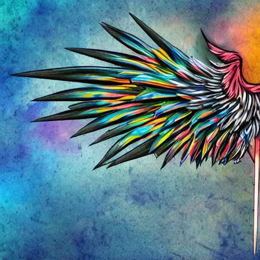 Prompt: medieval weapon, long spear made of feathered wings, prismatic, multi colored feathers, anime style, white background