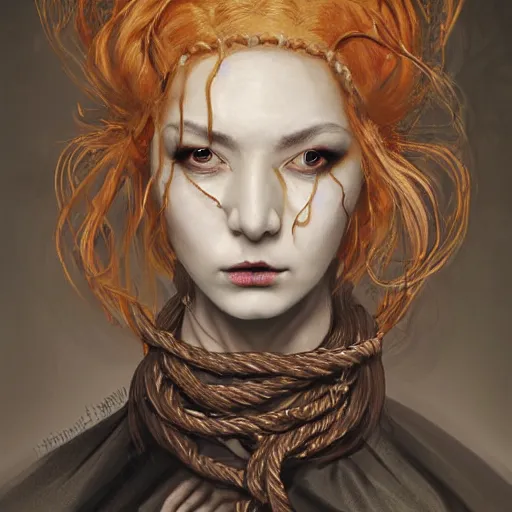 Image similar to portrait of a Shibari rope wrapped face and neck, headshot, insanely nice professional hair style, dramatic hair color, digital painting, of a old 15th century, old cyborg merchant, amber jewels, baroque, ornate clothing, scifi, realistic, hyperdetailed, chiaroscuro, concept art, art by Franz Hals and Jon Foster and Ayami Kojima and Amano and Karol Bak,