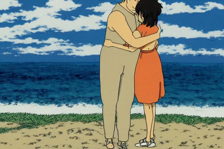 Prompt: a man hugging his beautiful wife by the beach, studio ghibli