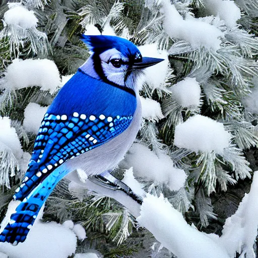 Prompt: blue jay feather covered in snow, falling, circular profile picture