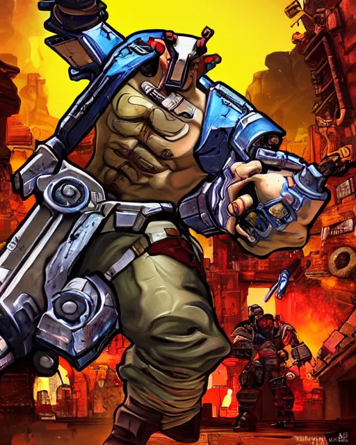 Image similar to cel - shaded gunzerker salvador from borderlands 2, airbrush, drew struzan illustration art, key art, movie poster