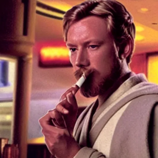 Image similar to Obi-Wan Kenobi smoking a death stick at a bar