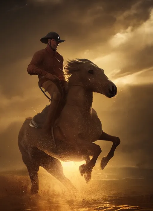 Image similar to the horse subdues the man while riding, volumetric lighting, beautiful, golden hour, sharp focus, ultra detailed, cgsociety by leesha hannigan, ross tran, thierry doizon, kai carpenter, ignacio fernandez rios, noir photorealism, film