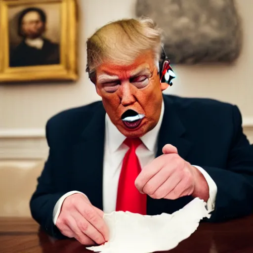 Prompt: candid portrait photo of president trump stuffing crumpled paper into his mouth wads, 2 4 mm lens