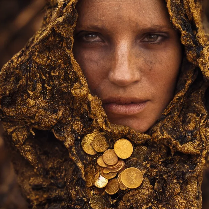 Image similar to closeup portrait of a woman wearing a cloak of gold coins in a charred, burnt forest, by Annie Leibovitz and Steve McCurry, natural light, detailed face, CANON Eos C300, ƒ1.8, 35mm, 8K, medium-format print