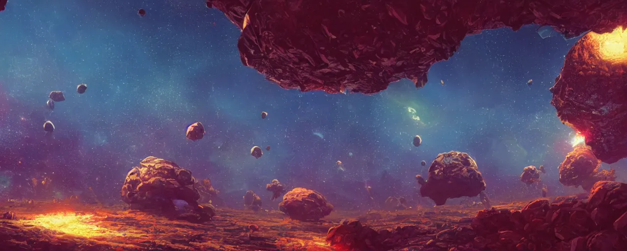 Image similar to ” rocky asteroid floating in space, [ cinematic, detailed, epic, widescreen, opening, establishing, mattepainting, photorealistic, realistic textures, octane render, art by paul lehr ] ”