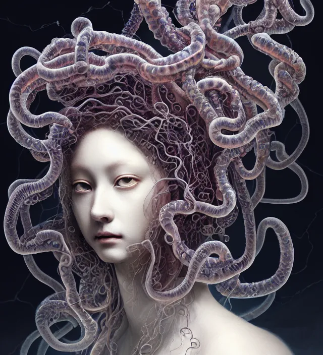 Prompt: portrait of medusa gorgon. intricate, centered, amazing composition by amano yoshitaka, by rembrandt, illustrious makinami, digital art, digital painting, artstation trending, unreal engine, fractal flame, transparent jellyfish, transparent feathers, bio luminescent, ice, water