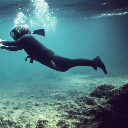 Prompt: A man swimming underwater, being chased by a submarine