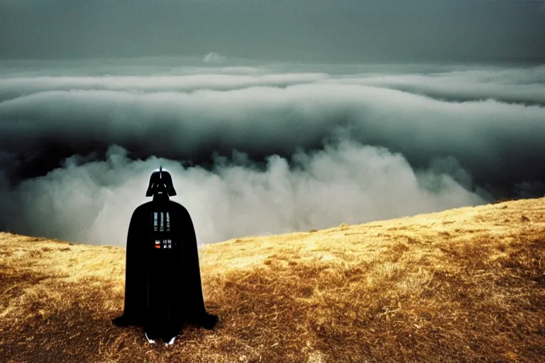 Prompt: darth vader on top of a tall mountain, blue fog, tornadoes surrounding, film photography, soft lighting, vignette