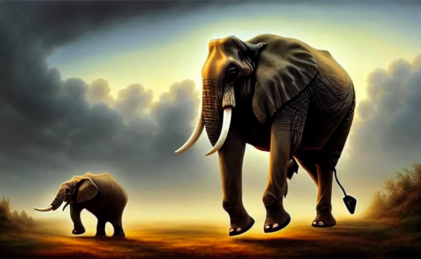 Prompt: a masterpiece oil painting of a marching elephant. wide angle, fantasy art, heroic lighting, by artgerm, fog, finger of god, amazing wallpaper