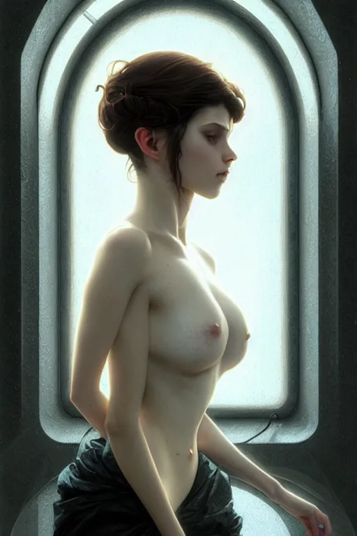 Image similar to beautiful and enigmatic gothic girl held captive in a remote research facility. vulnerability and innocence, ultra realistic, sharp details, subsurface scattering, intricate details, warm lighting, beautiful features, highly detailed, photorealistic, octane render, 8 k, unreal engine, art by artgerm and greg rutkowski and alphonse mucha