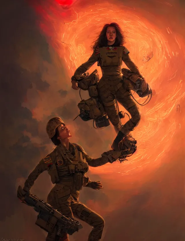 Image similar to a brown - haired woman in a military uniform hovering in the air glowing with red light and crackling energy, by frank fazetta and peter mohrbacher, trending on artstation, digital art, 4 k resolution, detailed, high quality, sharp focus, hq artwork, coherent, insane detail, concept art, character concept, character full body portrait