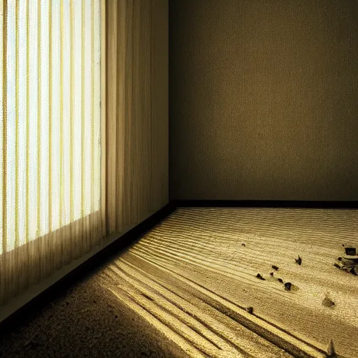 Prompt: hotel room, musty, ambient lighting, light shafts from window blinds, sun ray, dusty, moody, atmospheric, beautiful, abandoned room, motel room, artstation award, detailed