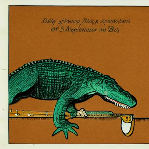 Prompt: a vintage illustration of an alligator playing a banjo