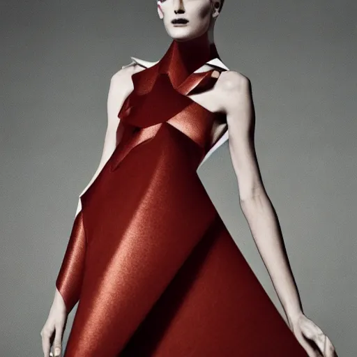 Image similar to a model dressed in an avant garde haute couture dress, angular minimalism, vogue editorial photo, sharp focus dynamic light