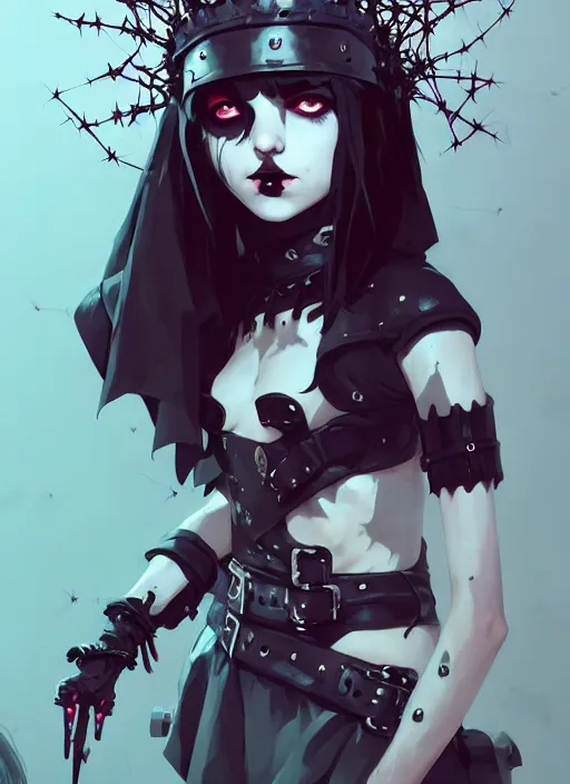 Image similar to cute goth maiden girl with crown of thorns and white short hairs, dressed in leather belts, warhammer, cyberpunk, by atey ghailan, by greg rutkowski, by greg tocchini, by james gilleard, by joe gb fenton, by kaethe butcher, dynamic lighting, gradient light blue, brown, blonde cream and white color in scheme, grunge aesthetic