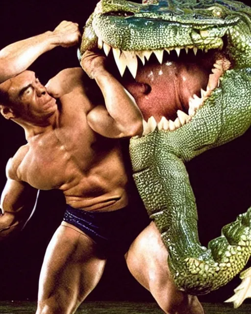 Image similar to jean - claude van damme fighting against a giant alligator monster, bipedal crocodile with sharp scales and muscular arms and legs. inhuman monster verses human martial artist. - w 8 0 0