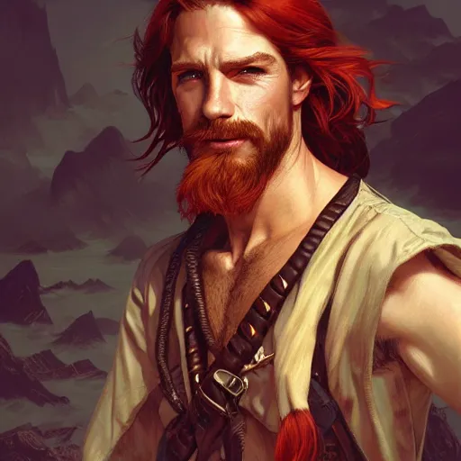 Prompt: portrait of a young ruggedly handsome but joyful pirate, male, masculine, upper body, red hair, long hair, d & d, fantasy, intricate, elegant, highly detailed, digital painting, artstation, concept art, matte, sharp focus, illustration, art by artgerm and greg rutkowski and alphonse mucha