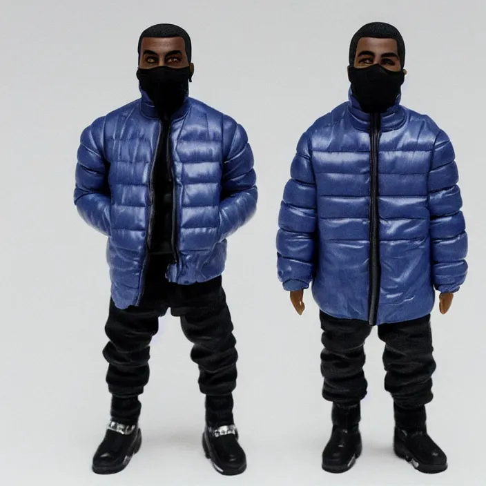 Image similar to a goodsmile figure of kanye west using a full face covering black mask, a small, tight, undersized reflective bright blue round puffer jacket made of nylon, dark jeans pants and big black balenciaga rubber boots, figurine, detailed product photo