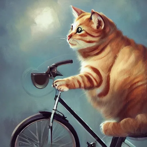 Image similar to head and shoulders masterpiece portrait of cute cat riding a bicycle, surreal background, digital art by Krenz Cushart, trending on artstation, cgsociety,