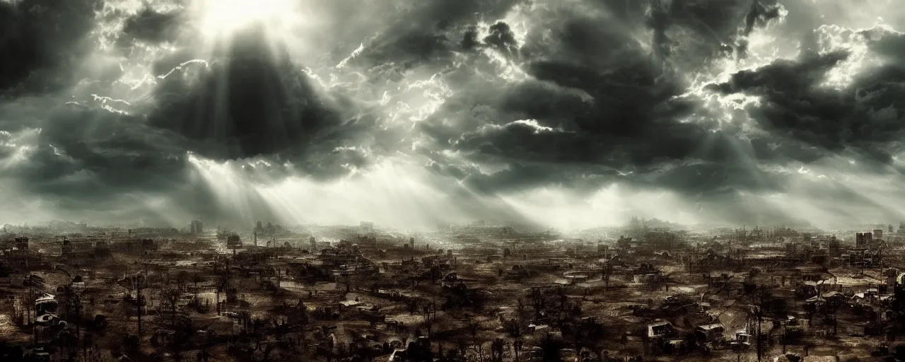 Prompt: post-apocalyptic landscape with skulls everywhere, beautiful clouds, sunrays, cinematic, cineovision