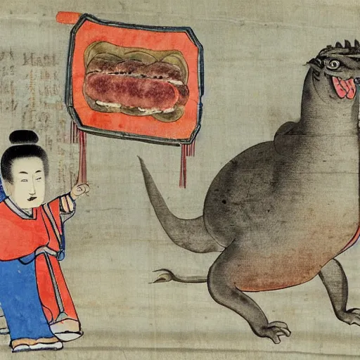 Image similar to ancient chinese watercolour of a man buying a hotdog from godzilla