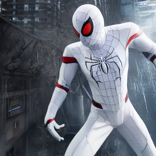 Image similar to white spider - man suit with black web lining, cinematic, volumetric lighting, realistic, hyperdetailed, photorealistic, photograph