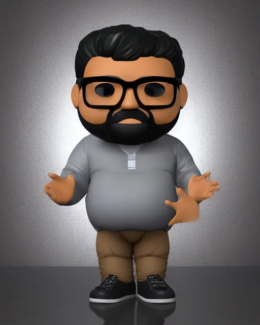 Prompt: full body 3 d render of chubby indian man, dark grey! thin beard, small glasses, dark hair, as a full body funko pop!, studio lighting, grey background, single body, no shadow, blender, trending on artstation, 8 k, highly detailed