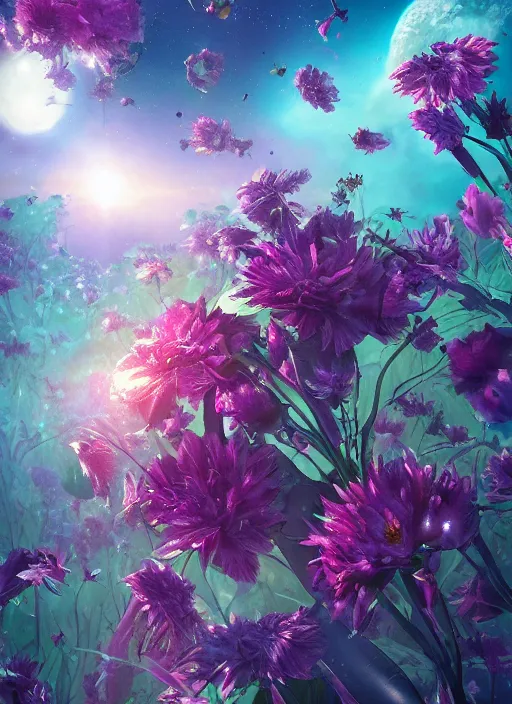 Prompt: An epic fantastic realism comic book style painting of the most beautiful flowers launched across the spiraling starry cosmos, nearby star, fisheye, unreal 5, DAZ, hyperrealistic, octane render, dynamic lighting