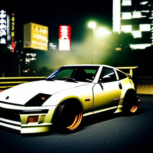 Image similar to a car 300Z twin turbo drift at illegal car meet, Shibuya prefecture, city midnight mist lights, cinematic lighting, photorealistic, highly detailed wheels, high detail