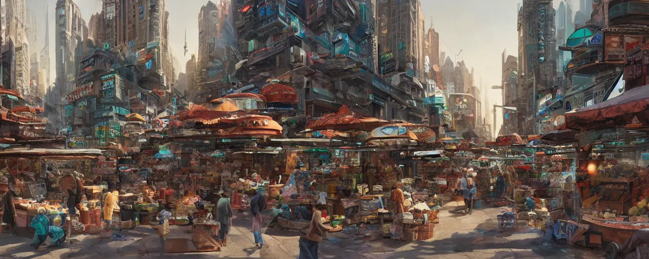 Prompt: street level view of a futuristic market and trading post at the center of a large advanced metropolis busy with activity lots of market signs aliens and people with a floating cars on the streets by craig mullins, neil blevins, dylan cole, james paick, hyper realistic, 8 k, vray render, artstation, deviantart,