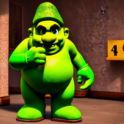 Image similar to super mario as shrek, highly detailed, extremely high quality, hd, 4 k, 8 k, canon 3 0 0 mm, professional photographer, 4 0 mp, lifelike, top - rated, award winning, realistic, detailed lighting, detailed shadows, sharp, no blur, edited, corrected, trending