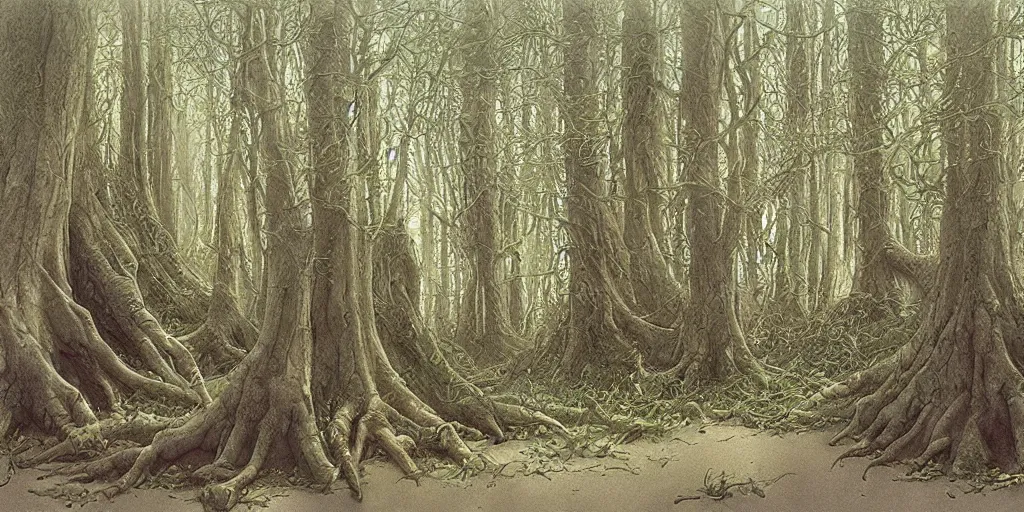 Image similar to artwork by john howe of the wretched thicket