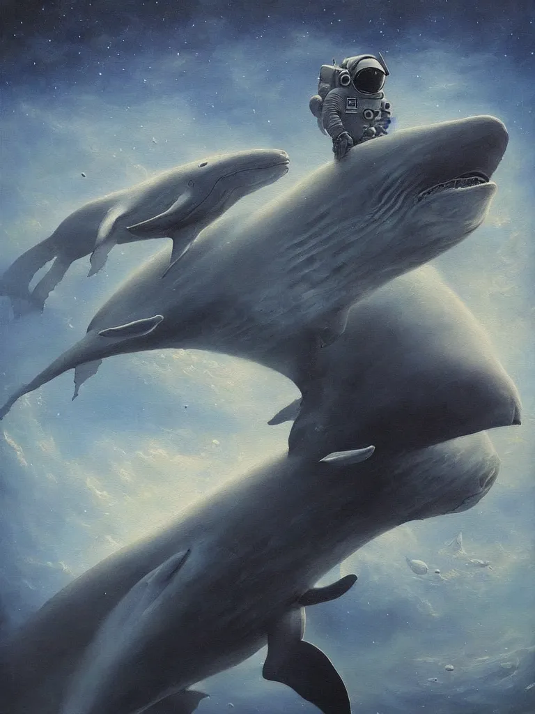 Image similar to astronaut suit in the shape of a whale, epic dark fantasy horror stylized oil painting by ivan shiskin. trending on artstation