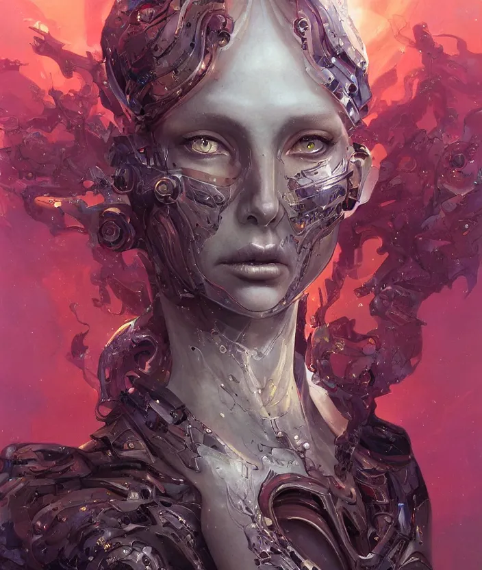 Image similar to A portrait of a cyborg goddess by Wayne Barlowe and Peter Mohrbacher, detailed, sharp, digital art, trending on Artstation