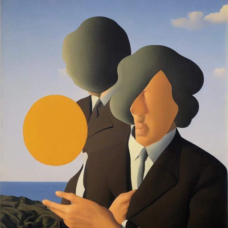 Image similar to portrait of a man with sun instead of his head, by rene magritte, centered, detailed painting, hd, hq, high resolution, high detail, 4 k, 8 k