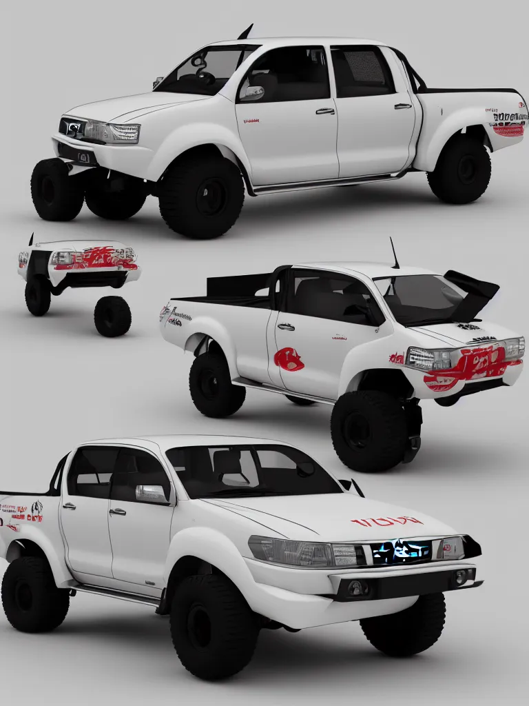 Prompt: i highly modified caricature toyota hilux, 3 d, trending on artstation, octane render, 8 k